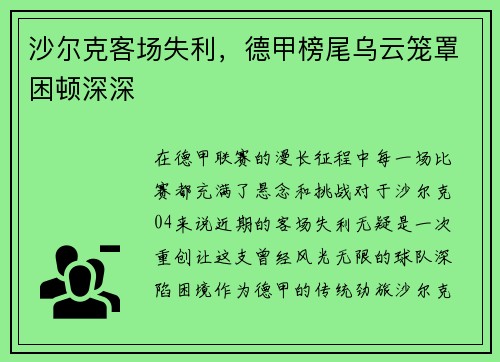 沙尔克客场失利，德甲榜尾乌云笼罩困顿深深