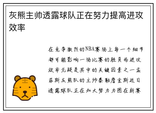 灰熊主帅透露球队正在努力提高进攻效率