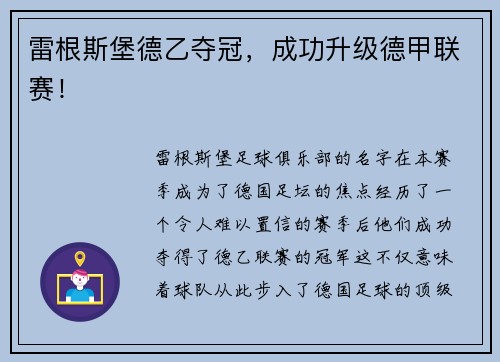雷根斯堡德乙夺冠，成功升级德甲联赛！